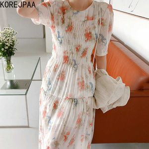 Korejpaa Dames Jurk Zomer Korea Chic Zoete Elegante O Hals Bloemen Verzamelde Taille Geplooide Chiffon Mid Lengte Jurken Vrouwelijke 210526