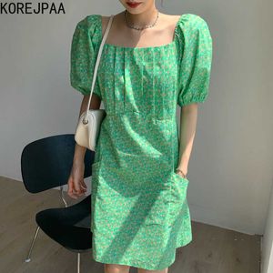 Korejpaa Femmes Robe D'été Corée Chic Style Occidental Élégant Col Carré Floral En Relief Taille Poche Manches Bouffantes Robe 210526