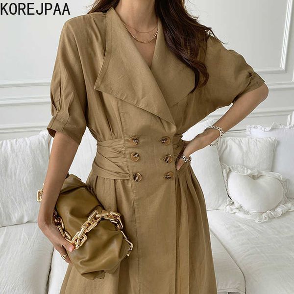 Korejpaa femmes robe été corée élégant léger cuit grand revers double boutonnage plissé ceinture arc longues robes 210526