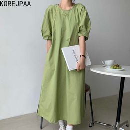 Korejpaa Femmes Robe Été Coréen Chic Tempérament Élégant Minimaliste Col Rond Lâche Couleur Solide Puff Seeve Robes 210526