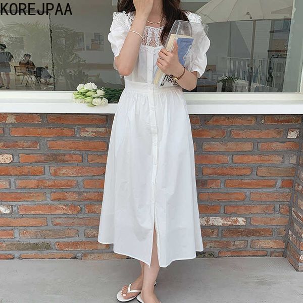 Korejpaa femmes robe été coréen Chic fée col rond dentelle couture simple boutonnage manches bouffantes Platycodon Vestidos 210526