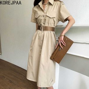 Korejpaa Dames Jurk Zomer Koreaanse Chic Frans Minimalistische Single-Breasted Multi-Pocket Style Revers Collar Vestidos 210526
