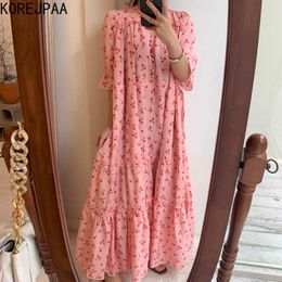 Korejpaa femmes robe été coréen Chic filles doux anti-âge cerise imprimé col en v cordon évasé manches Vestidos 210526