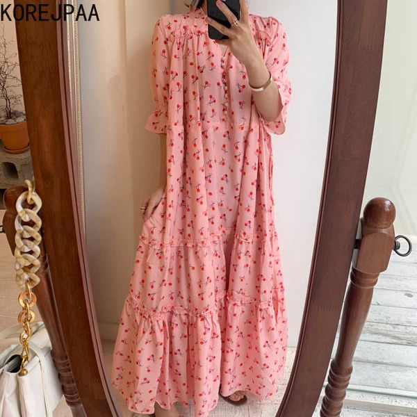 Korejpaa vestido de mujer verano coreano Chic niñas dulce reducción de edad estampado de cereza cuello en V cordón manga acampanada Vestidos 210526