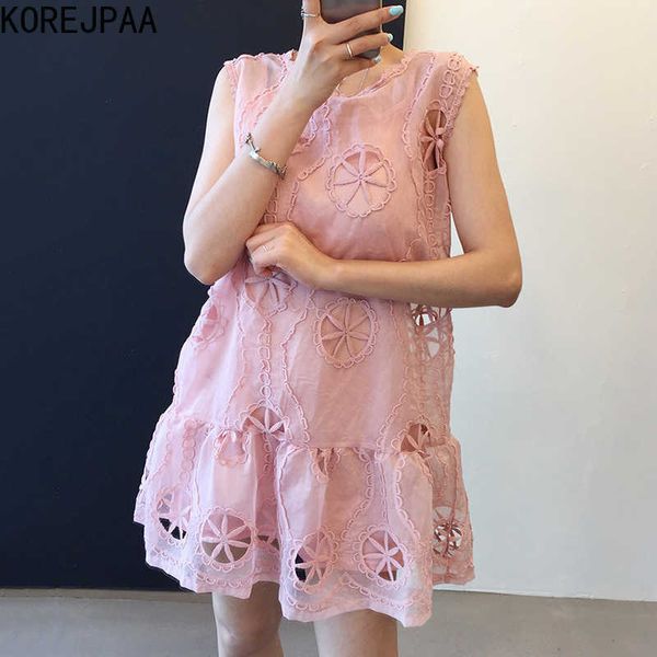 Korejpaa femmes robe été coréen Chic filles doux doux tempérament col rond creux Crochet lâche gilet Vestidos 210526