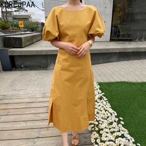 Korejpaa Vestido de mujer Verano Coreano Chic Damas Temperamento suave Cuello redondo Suelto Casual con cordones Puff Manga Split Vestido 210526