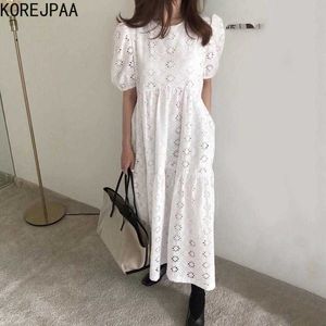 Korejpaa vestido de mujer verano coreano chic damas dulce elegante temperamento encaje hueco crochet adelgazamiento soplo manga vestidos 210526