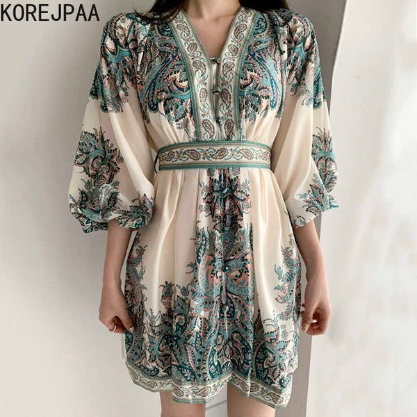 Korejpaa vestido de mujer verano coreano Chic señoras Retro étnico estampado cuello pico lazo cintura un solo pecho Puff manga Vestidos 210526