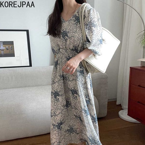 KOREJPAA Femmes Robe Été Coréen Chic Mesdames Vintage élégant Flower imprimé V-Cou de col V