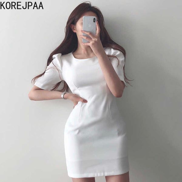 KOREJPAA Femmes Robe Été Coréen Chic Minimalisateur Dames Tempérament Cou Square Cou Square Minceur Sac Sac à manches Hip Vestidos 210526