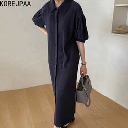 Korejpaa femmes robe été coréen Chic rétro tempérament revers simple boutonnage minceur plissé Texture bouffée Seeve Vestido 210526