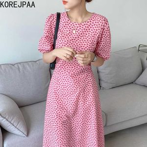 Korejpaa Vrouwen Jurk Zomer Koreaanse Chic Sweet Age Reducing Love Print Ronde hals Das Taille Design Losse Puff Sleeve Vestido 210526