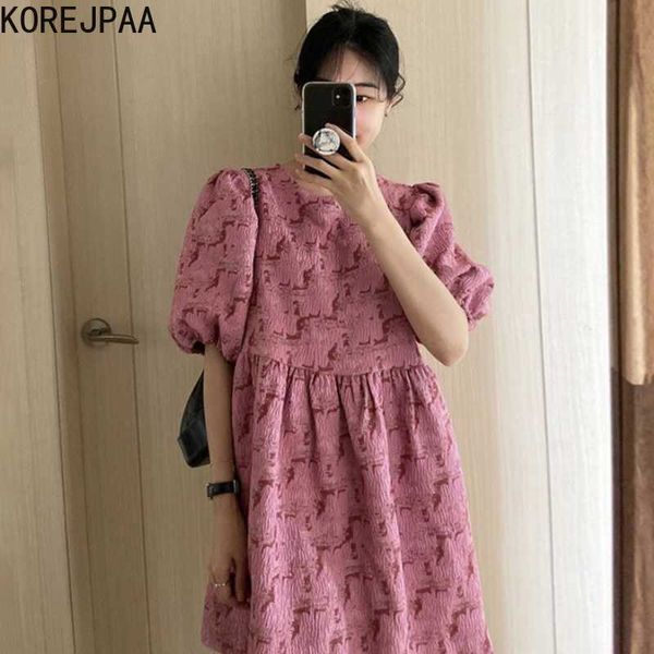 Korejpaa femmes robe été coréen Chic doux âge réduisant plissé en trois dimensions Texture impression manches bouffantes Vestidos 210526