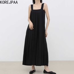 Korejpaa, vestido de mujer, verano, sistema elegante coreano, clavícula delgada con fugas, chaleco plisado sin mangas apilado suelto, Vestidos 210526