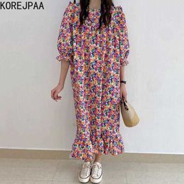 Korejpaa Femmes Robe Été Coréen Chic Style Occidental Col Rond Couleur Plein Écran Floral Cinq Points Manches Bouffantes Robes 210526