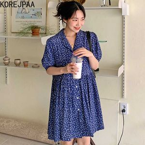 Korejpaa Femmes Robe Été Coréen Chic Style Occidental Revers Simple Boutonnage Lâche Manches Bouffantes Plein Écran Floral Robes 210526