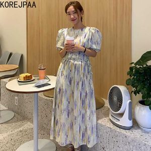 Korejpaa femmes robe été coréen Chic Style occidental aquarelle imprimé plissé côté dentelle dos bouton manches bouffantes Vestidos 210526