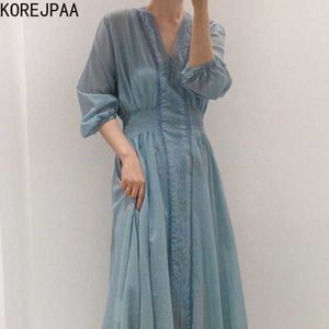 Korejpaa vestido de mujer verano coreano elegante suave con cuello en v encaje crochet cintura plisada suelta linterna manga vestidos vestido largo 210526