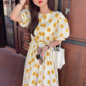 Korejpaa Dames Jurk Zomer Koreaanse Mode Elegante Retro Print O Neck Single Breasted Losse Bubble Sleeve Daisy Lange Dresse 210526