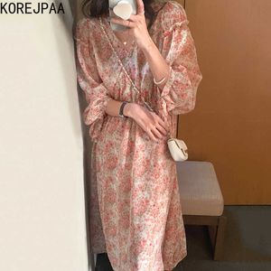 Korejpaa Dames Jurk Zomer Koreaans Gentle Temperament V-hals Cross Tie Taille Floral Chiffon Puff Sleeve Vestidos 210526