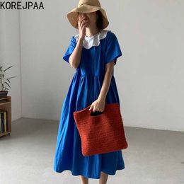 KOREJPAA Femmes Robe Été Coréen Tempéramment Retro Broderie Poupée Collier Couverture haute Taille Lâche Big Swing Vestidos 210526