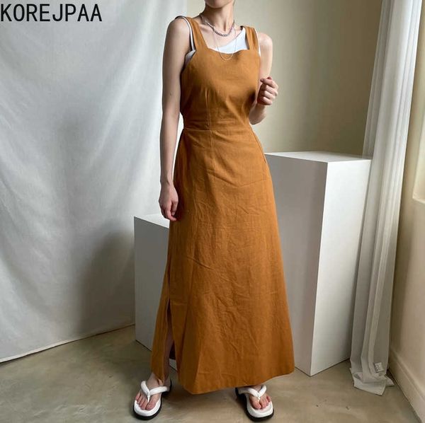 Korejpaa Vestido de mujer Verano Coreano Retro Temperamento Adelgazante Cuello cuadrado Halter con cordones en la cintura Lado largo Slit Sling Vestido 210526