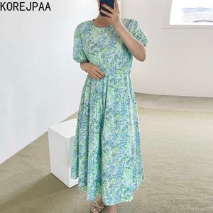 Korejpaa Femmes Robe Été Style Occidental Petit Frais Floral Col Rond Simple Boutonnage Taille Haute Manches Longues Robes 210526