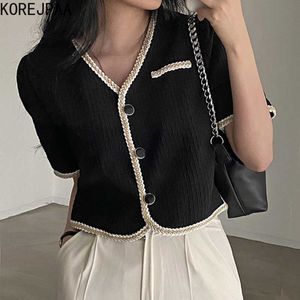 Korejpaa femmes veste été français élégant col en v contraste garniture couture lâche trois boutons à manches courtes texturé manteau 210526