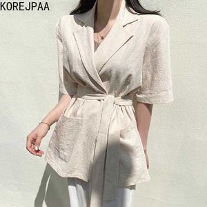 Korejpaa Femmes Veste Été Coréen Chic Minimalisme Tempérament Costume Col Taille Mince Couleur Unie Vestes À Manches Courtes 210526