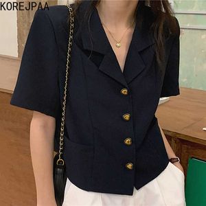 Korejpaa Damesjasje Zomer Koreaanse Retro Simple Temperament Reving Love Button Design Losse Casual Short-Mouwen Blazers 210526