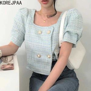 Korejpaa Dames Jassen Koreaanse Mode Chic Temperament Pearl Double-Row Gesp Design Losse Bubble Mouwen Tweed Korte Coat 210526