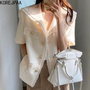 Korejpaa Femmes Vestes Summer Girls Français Élégant Collier Marine Raw Edge Design Chic Bouton Lâche Cardigan Laine Manteau Court 210526