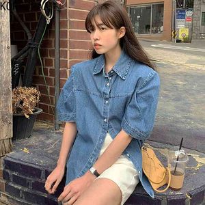 Korejpaa Dames Jassen Zomer Koreaanse Chic Niche Retro Revers Losse Wilde Single-Breasted Puff Sleeve Washed Blue Denim Jacket 210526