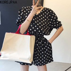 Korejpaa Dames Jumpsuits Zomer Korea Chic Retro Elegante V-hals Polka-Dot Side Single-Breasted Lace-Up Puff Sleeve Jumpsuit 210526