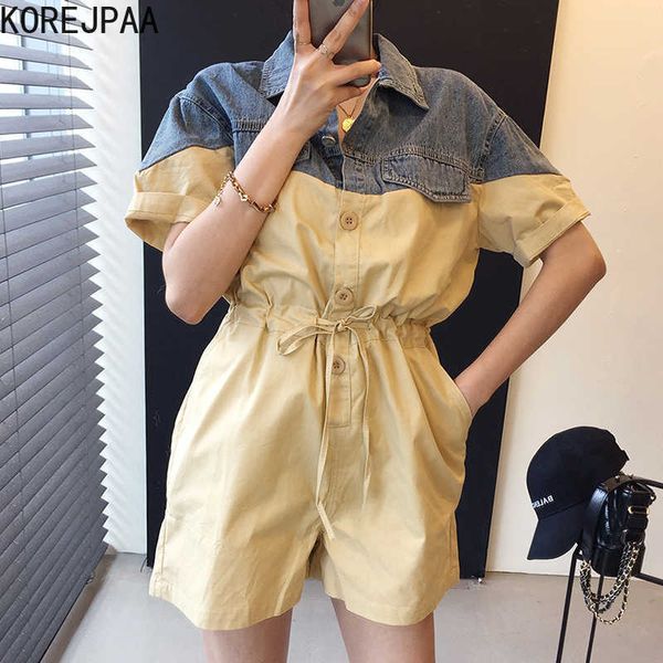 Korejpaa femmes combinaisons été coréen Chic dames revers Denim couture conception cordon taille simple boutonnage ensemble 210526