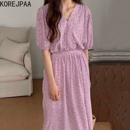 Korejpaa femmes Mini robe été coréen Chic doux romantique col en v poche croisée conception petit Floral bulle manches robes 210526