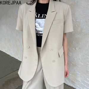 Korejpaa Dames Pant Sets Korea Chic Temperament Revers Double-Breasted Blazer en Hoge Taille Casual Rechte Broek Suit 210526