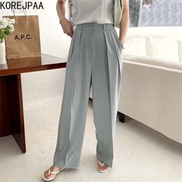 Korejpaa Dames Broek Zomer Korea Chic Temperament Hoge Taille Geplooid Design Losse Casual Drape Rechte Wide-Leg Suit Pant 210925