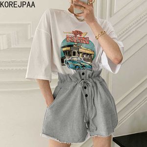 Korejpaa Femmes Ensemble Été Corée Chic Réduction D'âge Col Rond Bande Dessinée Imprimer Lâche À Manches Courtes T-Shirt Boutons Pantalon Décontracté 210526