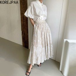 Korejpaa Mujeres Set Summer Corea Chic Simple Temperament Temperamento Cuello Cuello Puff Sweeve Camisa Tinta de tinta de cintura alta Falda 210526