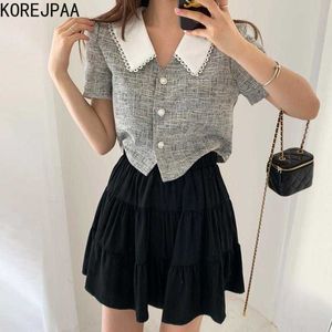 Korejpaa Dames Set Zomer Korea Chic Temperament Contrast Color Revers Check Single-Breasted Blouse High-taille Puffy Skirt 210526