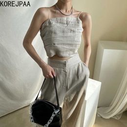 Korejpaa Dames Set Zomer Koreaanse Chic Sexy Temperament Geplooide Slanke Korte Camisole Hoge Taille Losse Wide Poot Casual Broek 210526