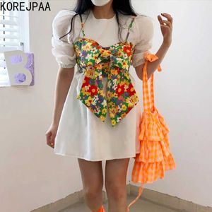 Korejpaa dames sets zomer korea speelse ronde hals bladerdeeg mouwen shirt jurk bloem kleur boog knoop gewikkeld borst kleine slinger 210526