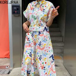 Korejpaa Dames Sets Zomer Koreaanse Chic Age-reducing Playful Graffiti Printed Pocket Shirt High-taille Grote Rok 210526