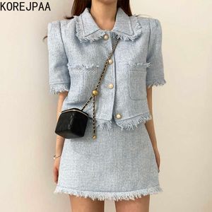 Korejpaa femmes ensembles été coréen Chic français tempérament revers perle bouton frange Tweed veste taille haute a-ligne jupe 210526