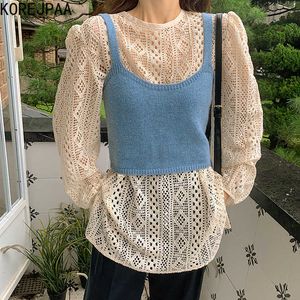 Korejpaa vrouwen sets zomer koreaanse chique dames zachte zoete geometrische holle kanten bladerdeeg mouw shirt korte gebreide vesten 210526