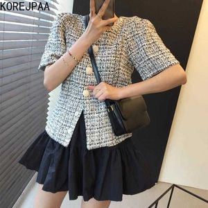 Korejpaa Conjuntos de mujer Verano Coreano Chic Señoras Temperamento Tres botones Chaqueta de Tweed de manga corta Falda hinchada de cintura alta 210526