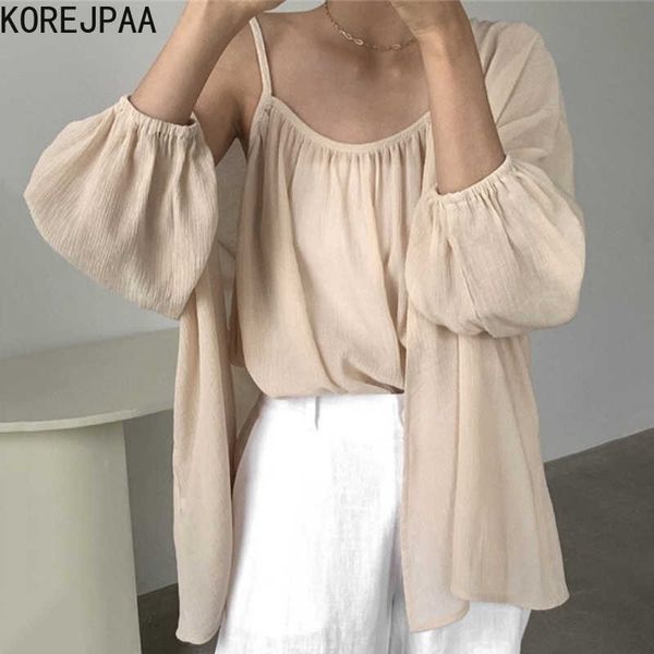 Korejpaa femmes ensembles été coréen Chic dames doux lâche fond Camisole tempérament crème solaire en mousseline de soie châle manteaux 210526