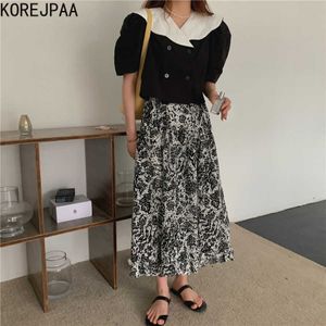 Korejpaa Dames Sets Zomer Koreaanse Chic Retro-stijl Revers Double-Breasted Shirt Hoge Taille Over-The-Knee Print Rok 210526