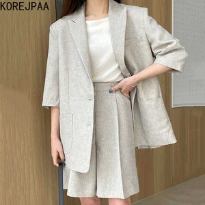 Korejpaa Dames Sets Zomer Koreaanse Chic Retro Revers Two Button Losse Pocket Suit Jacket Hoge Taille Rechte Casual Broek 210526